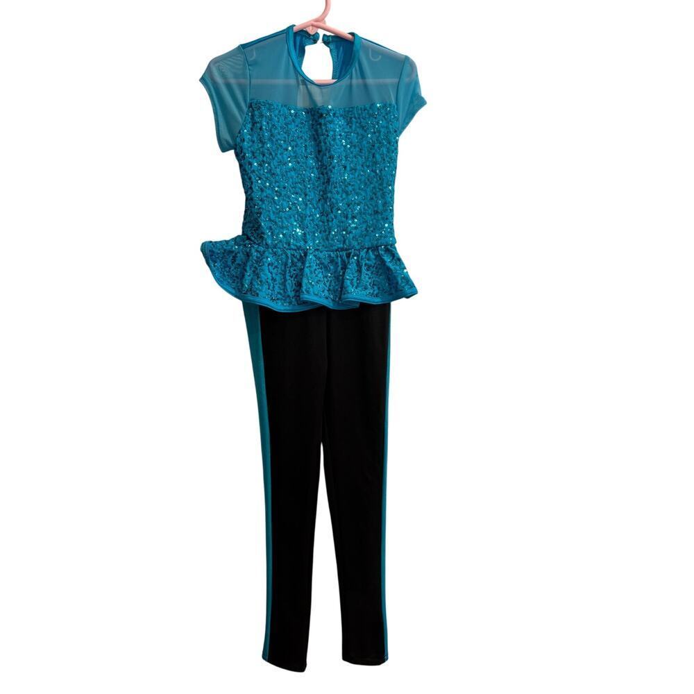 Weissman Dance Costume Small Child Size 6 / 6X Aqua Sequins Black Pant One Piece